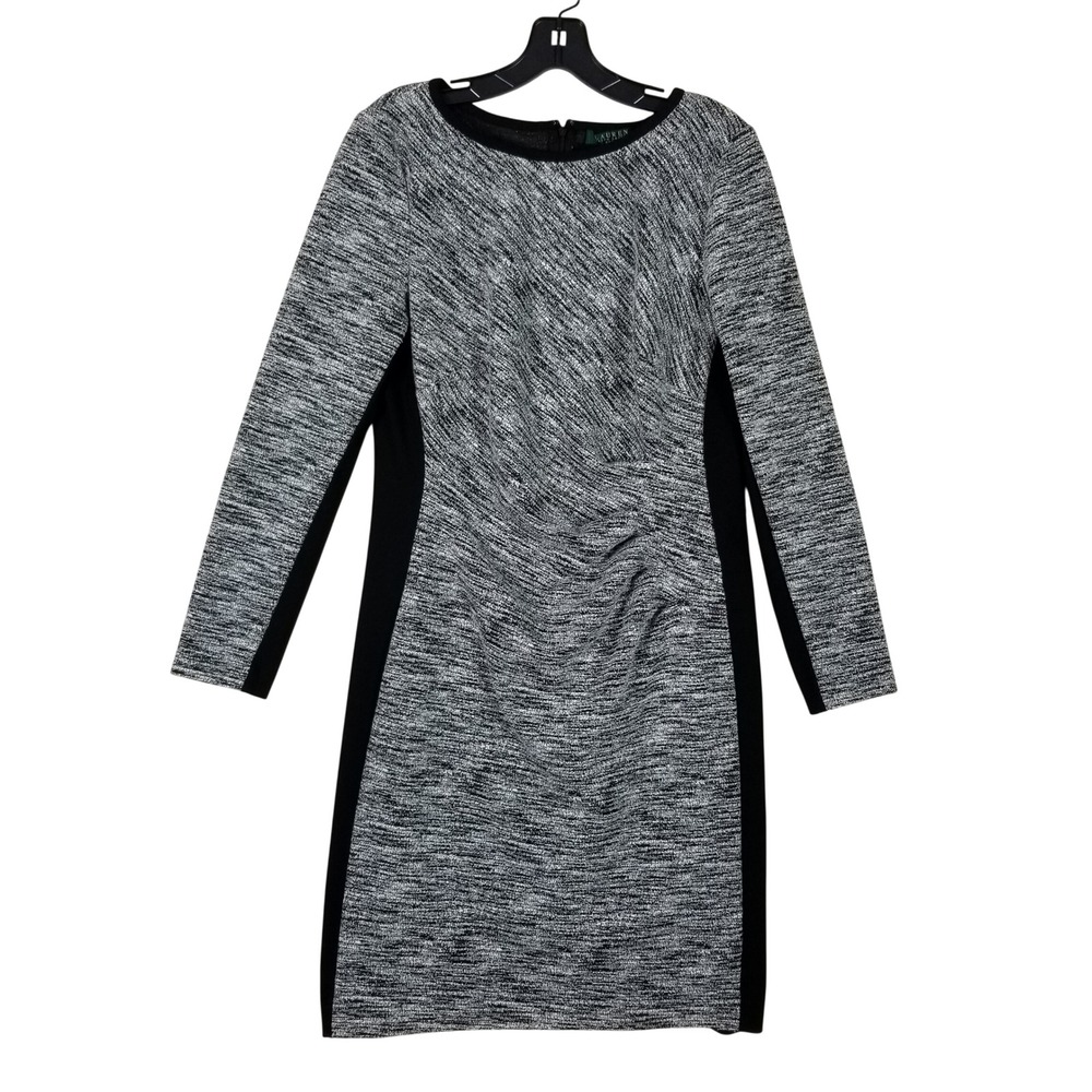 Lauren Ralph Lauren Sheath Dress Womens 14 Grey Black Ruched Long Sleeve Marled